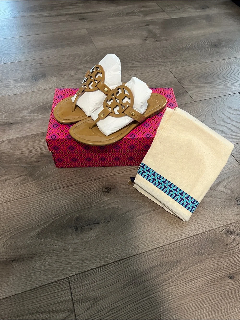 Tory Burch Miller Patent Calf Leather Logo Sandals